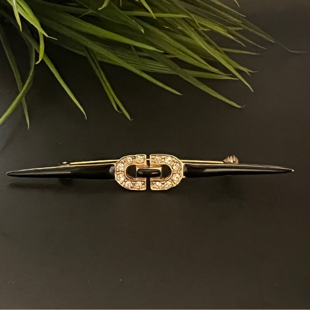 Vintage Slender Bar black enamel rhinestone brooch pin